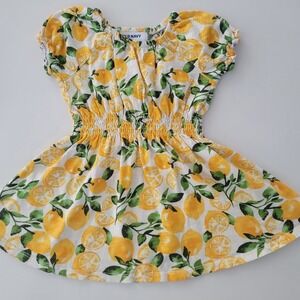 Old Navy‎ Girls Lemon Print Smocked Waist Short Sleeve Fit and Flare Dress White